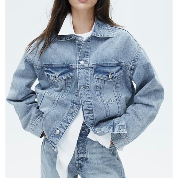 Women Oversized Jean Jacket Cotton Long Sleeve Button Down Casual Stylish - Picture 2 of 7